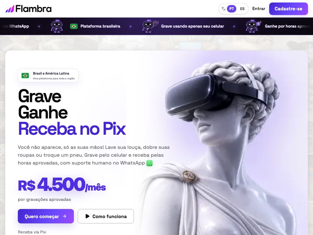 Página oficial da Flambra: plataforma brasileira que paga por hora aprovada via Pix